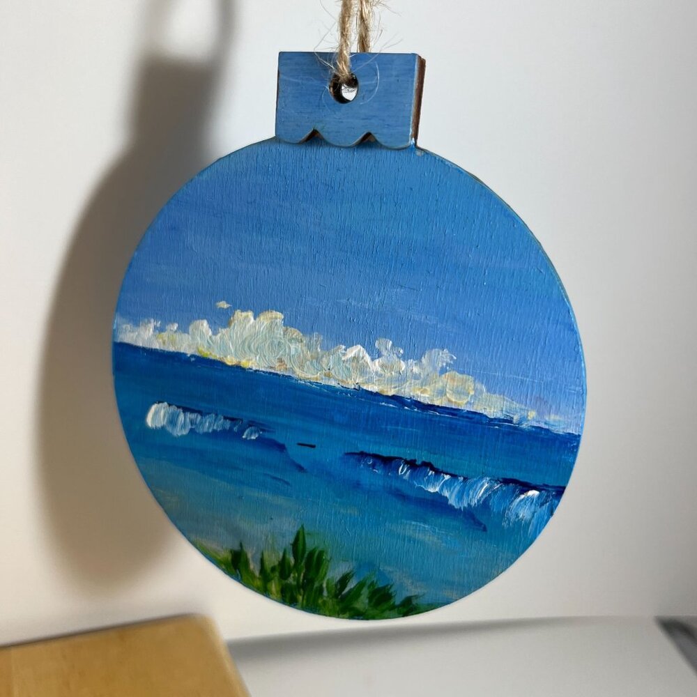 Hand-Painted Wooden Ornament With Ocean & Beach Scene - Picture 2 of 3